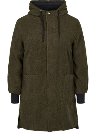 Long teddy jacket with hood and pockets, Ivy Green, Packshot image number 0