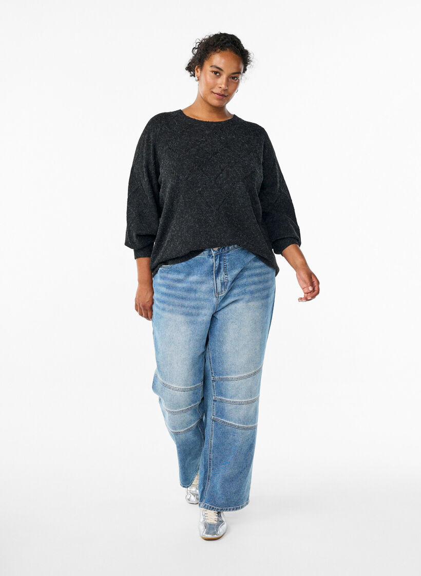 Knitted top with openwork pattern and balloon sleeves, Dark Grey, Model image number 1