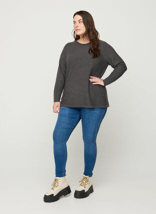 Ribbed knitted sweater with a round neck, Dark Grey Melange, Model image number 2