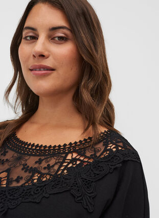 Solid-coloured sweatshirt with lace detailing, Black, Model image number 2
