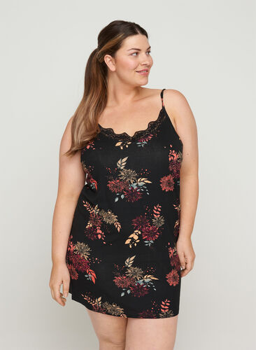 Nightdress with lace and thin straps, BLACK AOP FLOWER, Model image number 0