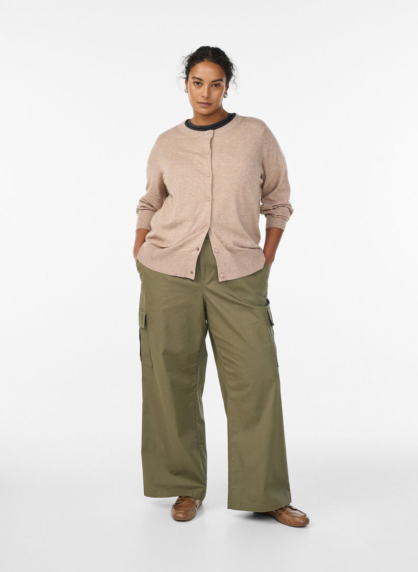 Cardigan with round neck and fabric-covered buttons, Beige, Model image number 1