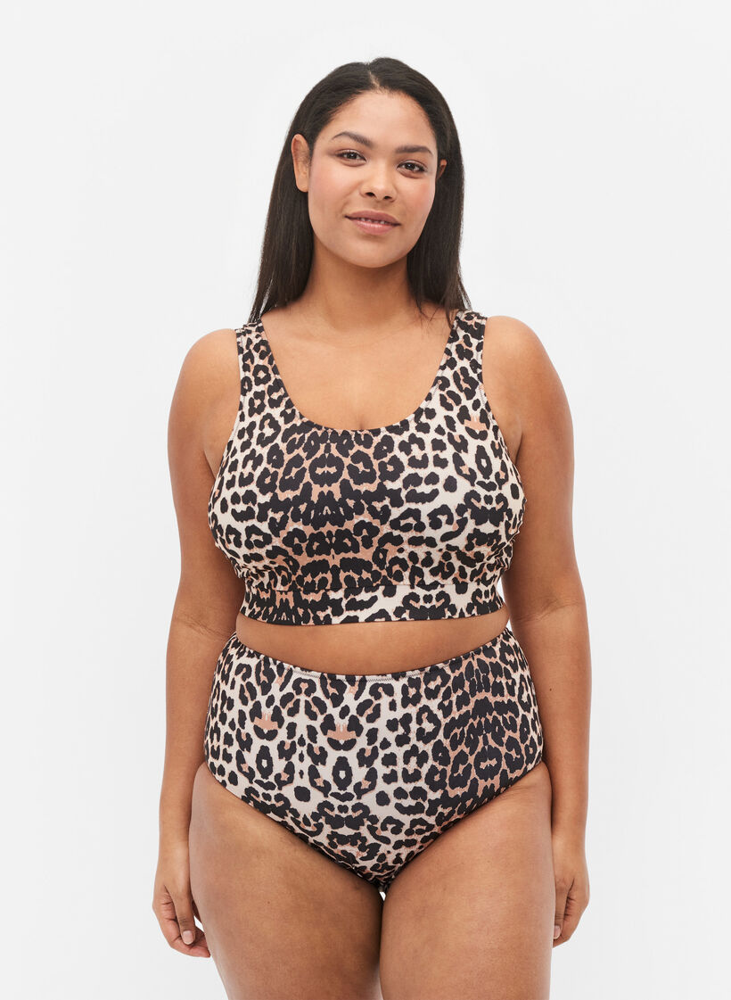 High-waisted bikini bottoms with print, Brown, Model image number 0