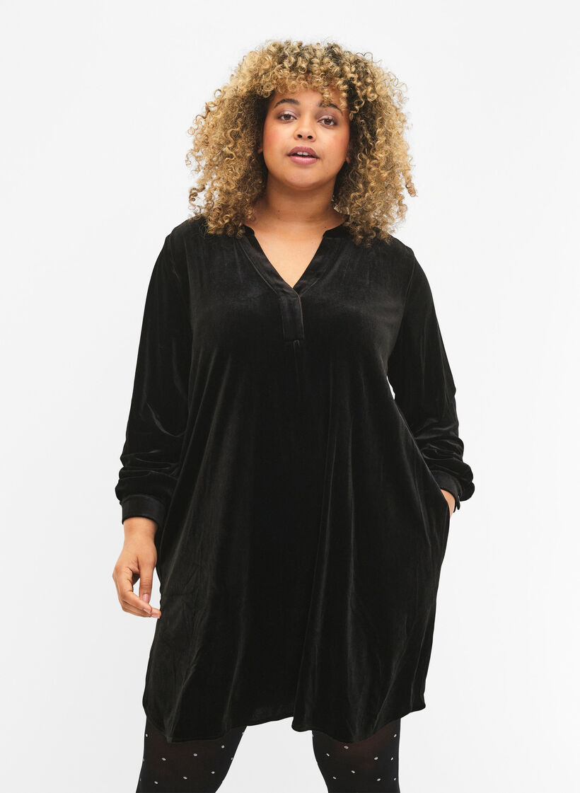 Long sleeve velour dress with v-neck, Black, Model image number 0