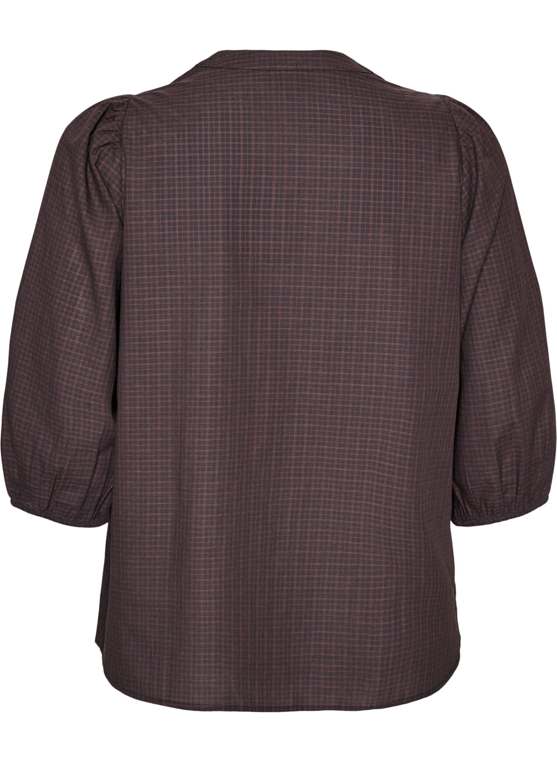 ZizzifashionChecked blouse with V-neck and 3/4 sleeves, Brown, Packshot image number 1