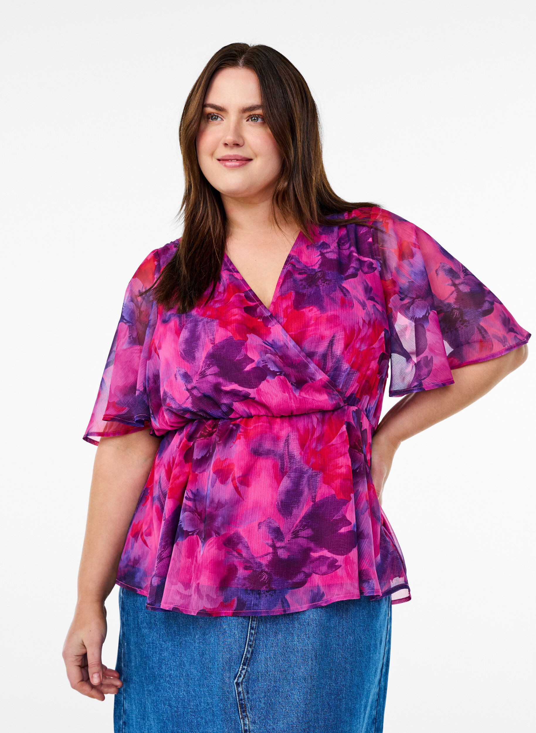 Zizzifashion Floral chiffon blouse with short sleeves, Red, Model image number 0