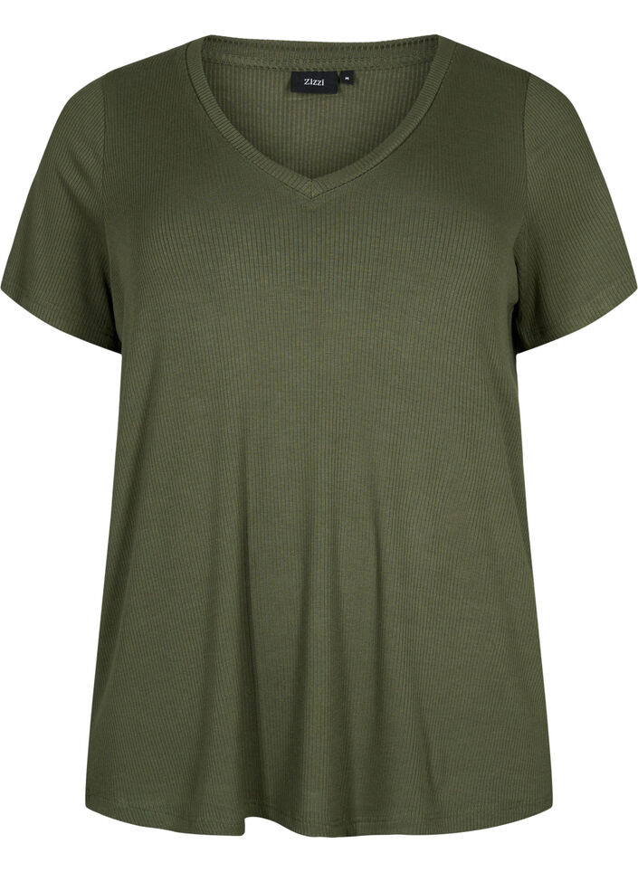 Ribbed T-shirt with LENZING™ ECOVERO™ Viscose, Thyme, Packshot image number 0