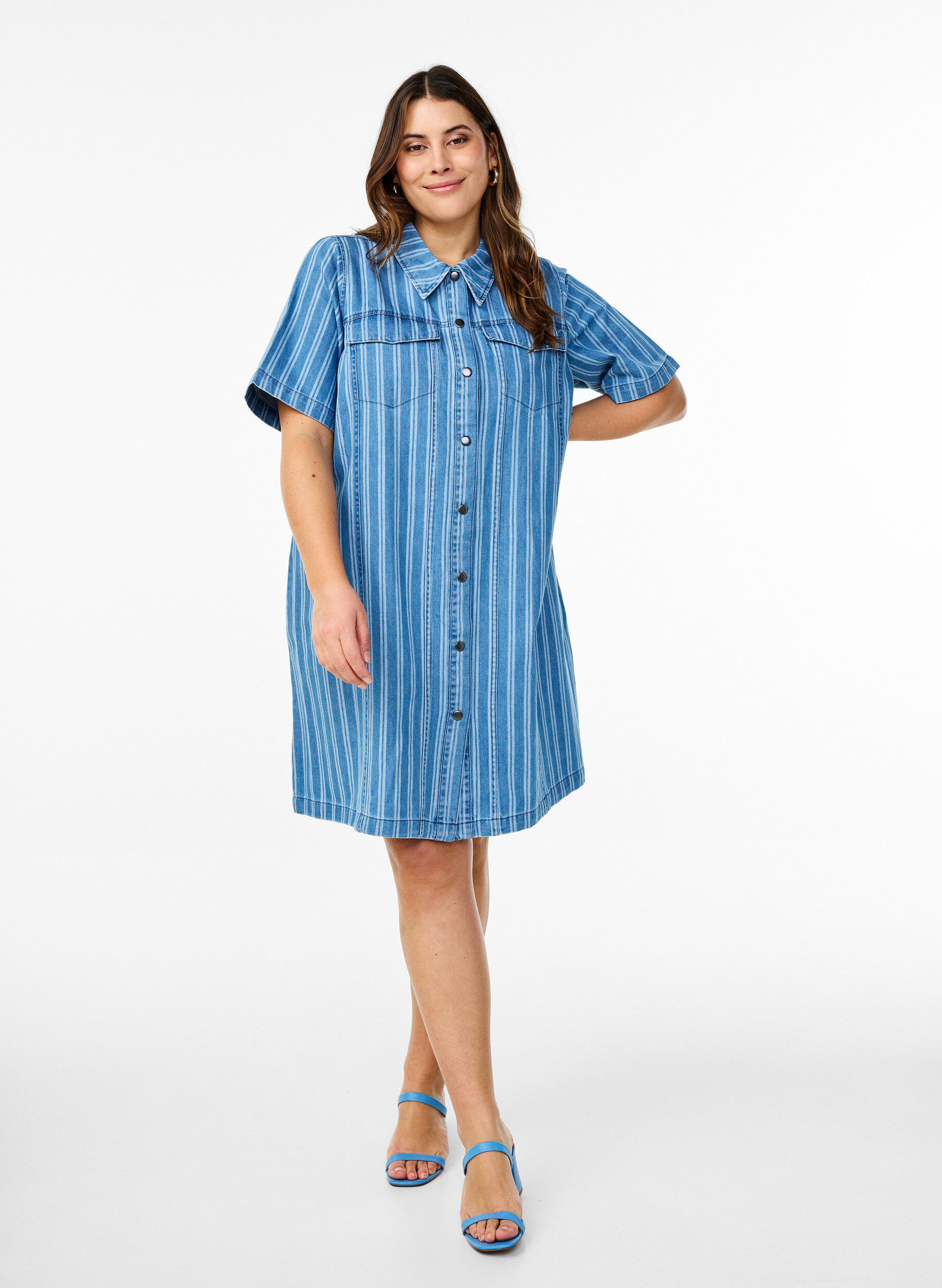 Zizzifashion Short denim shirt dress with a striped pattern, Blue, Model image number 1