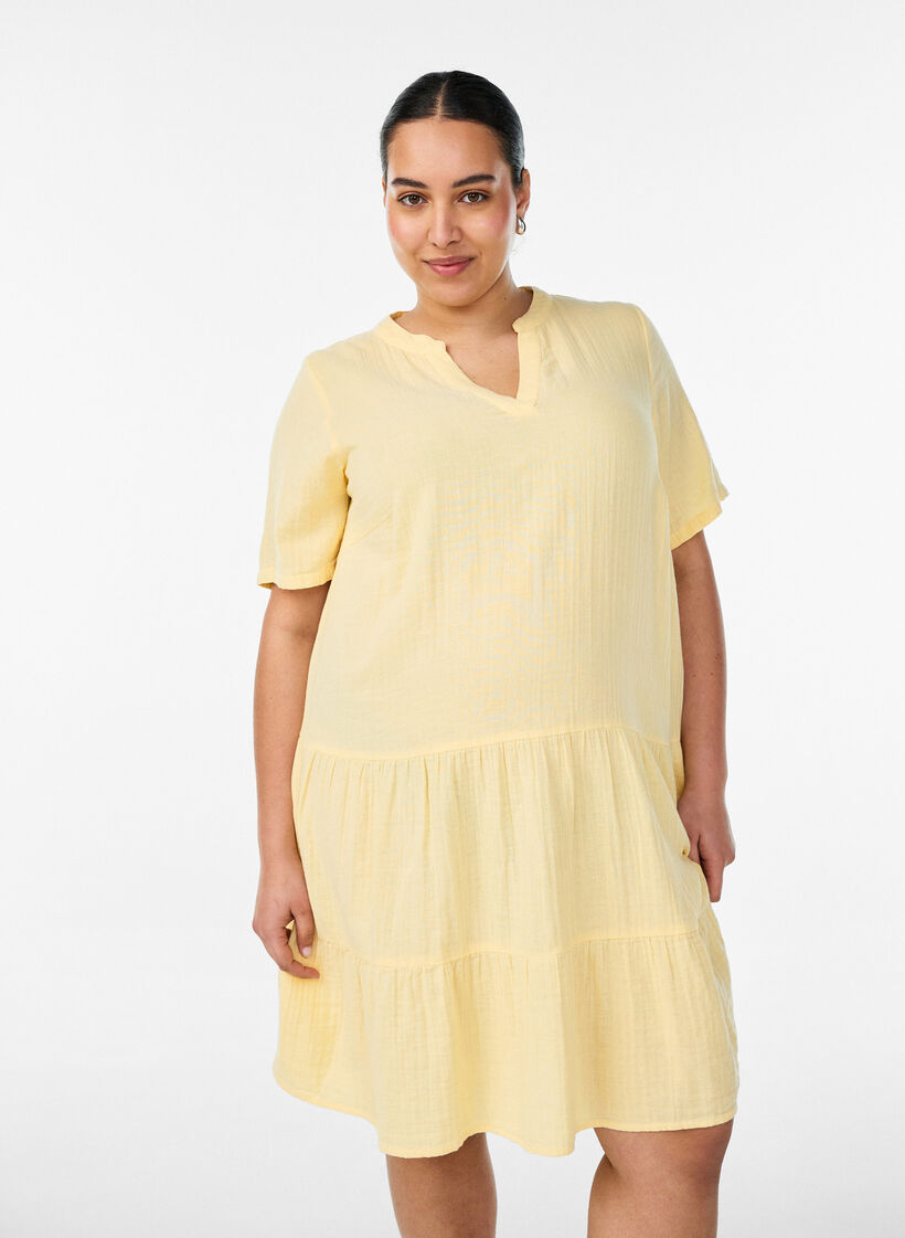 Short A-line dress in cotton muslin, Yellow, Model image number 0