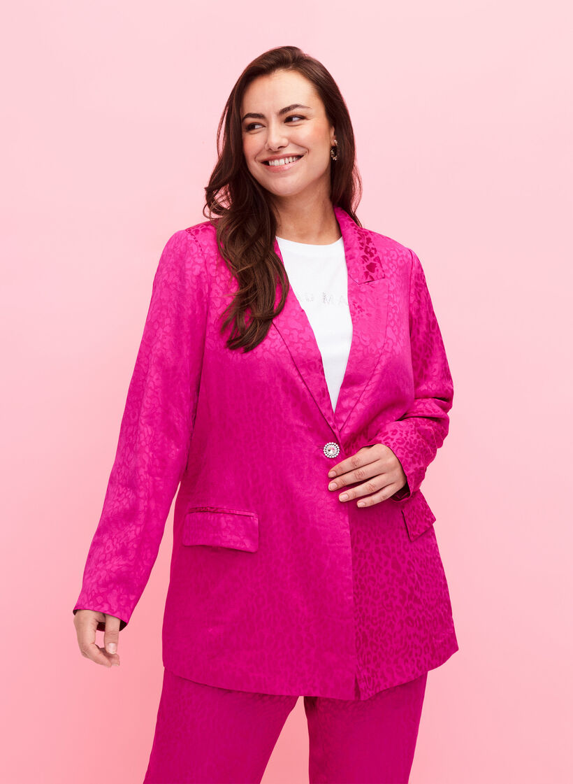 Tone-on-tone jacquard blazer in viscose, Rose Violet, Model image number 0