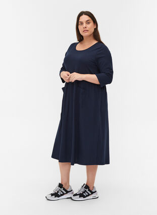 Midi dress in organic cotton with pockets, Navy Blazer, Model image number 2