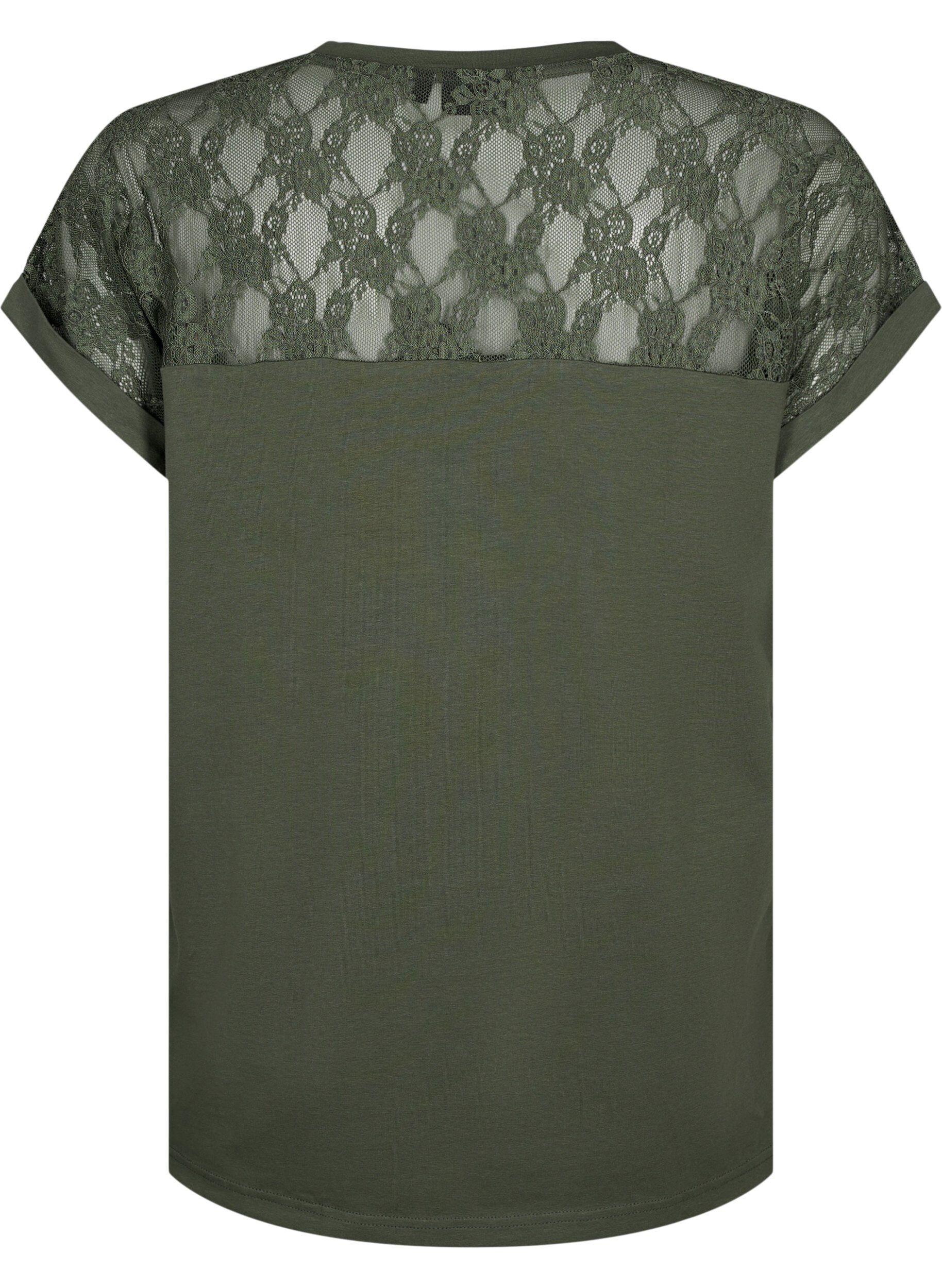 Zizzifashion Short-sleeved cotton t-shirt with lace, Thyme, Packshot image number 1