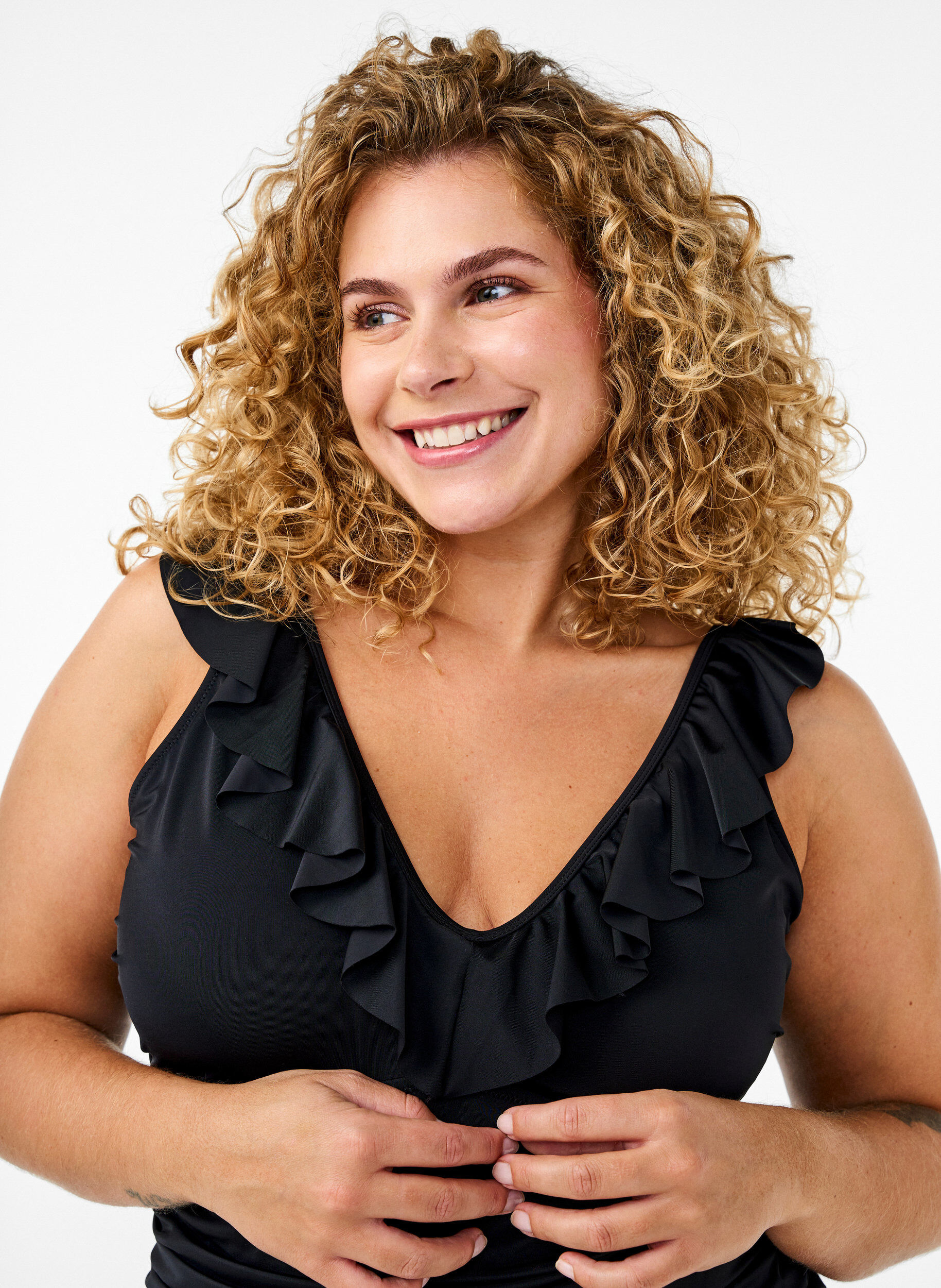 Zizzifashion Swimsuit with ruffles and removable padding, Black, Model image number 2