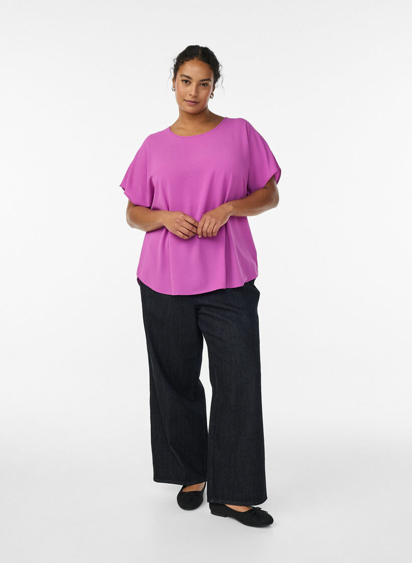 Blouse with short sleeves and a round neckline, Purple, Model image number 1