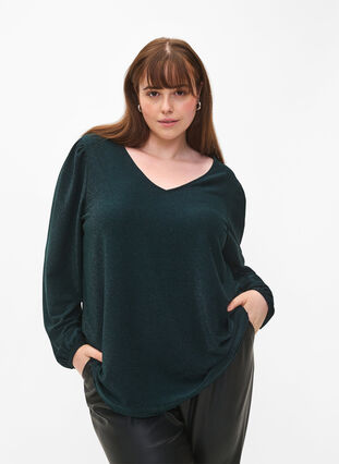 Glitter blouse with puff sleeves, Black Scarab, Model image number 0