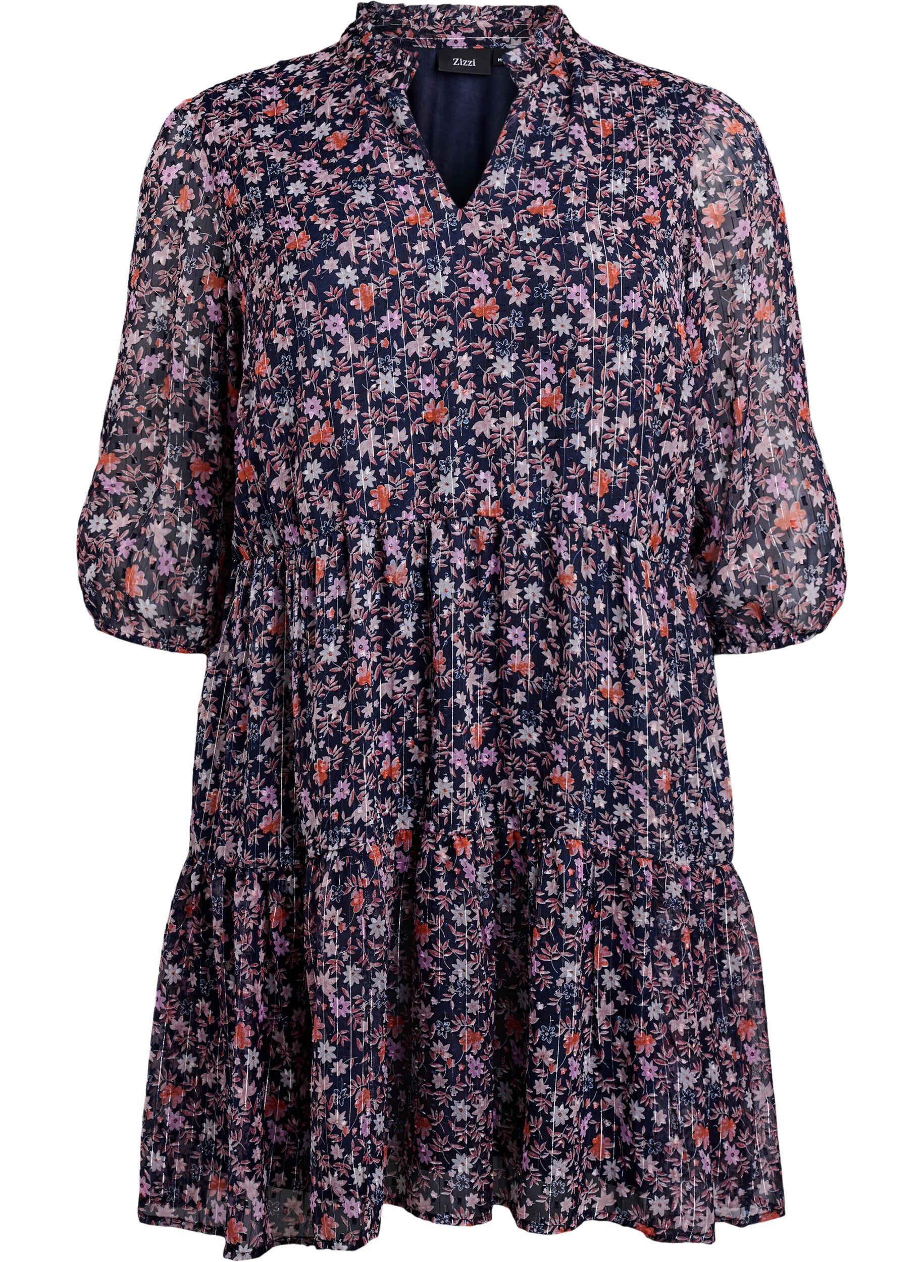 ZizzifashionTunic with floral print and glitter threads, Blue, Packshot image number 0