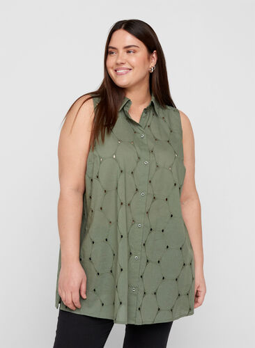 Sleeveless tunic with broderie anglaise, Agave Green, Model image number 0