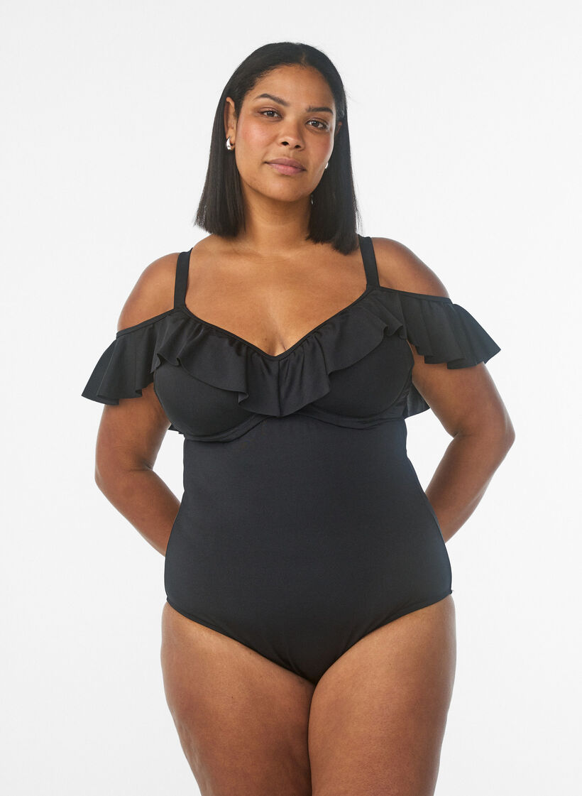 Swimsuit with underwire and ruffle trim, Black, Model image number 0
