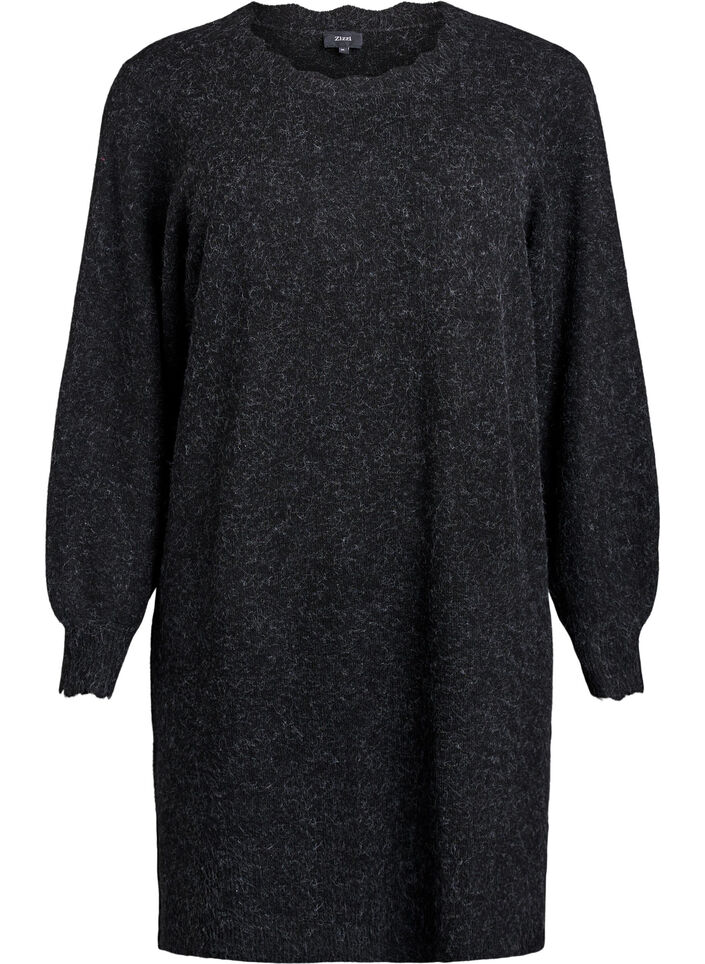 Short knitted dress with wavy hem and slits, Dark Grey, Packshot image number 0