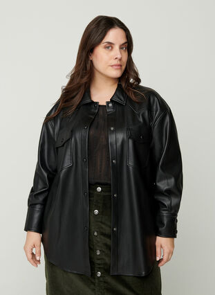 Imitation leather shirt jacket, Black, Model image number 0