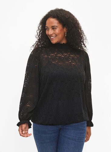 Long-sleeved lace blouse with smock, Black, Model image number 0