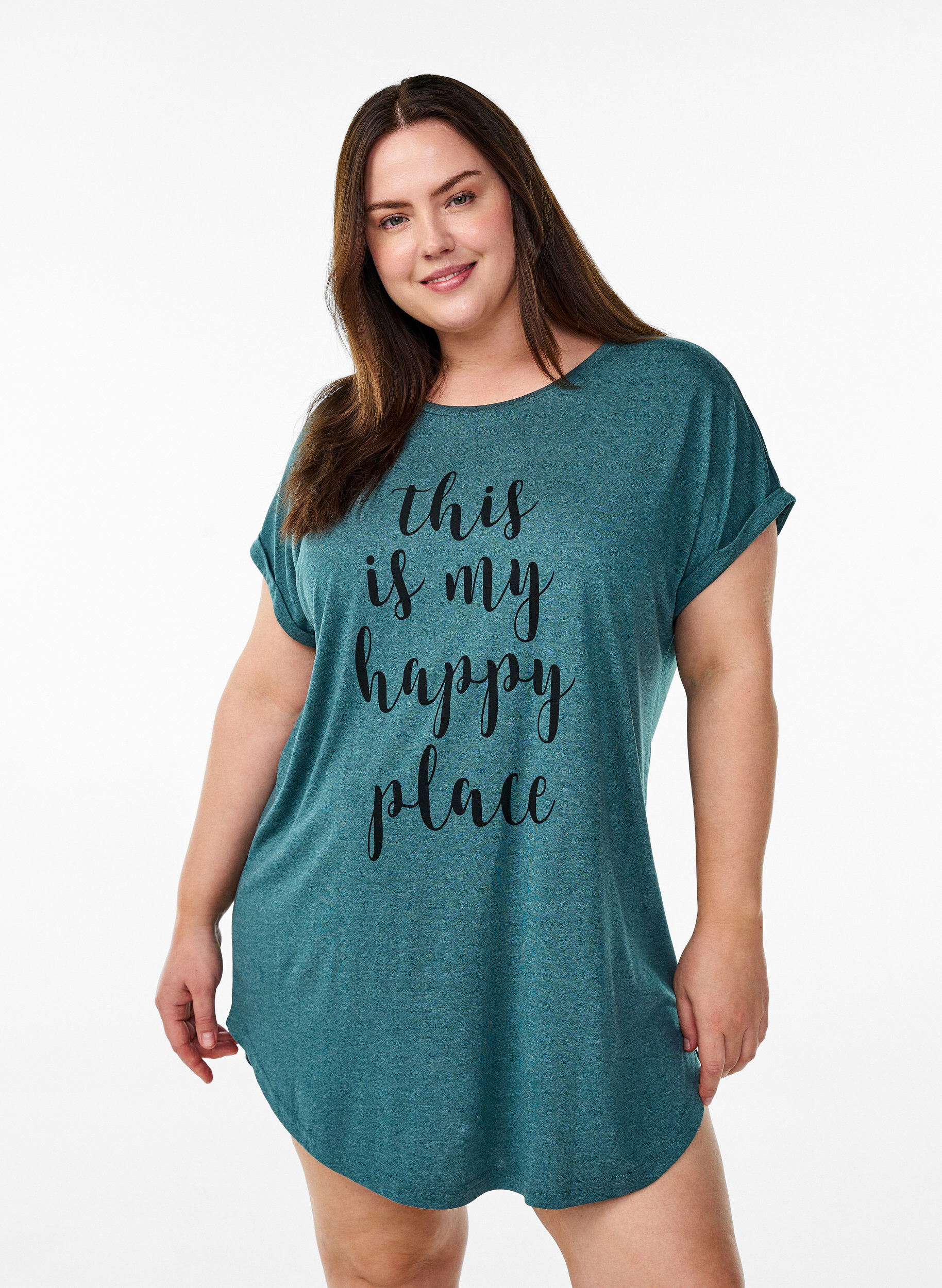 Zizzifashion Short sleeve nightgown with text print, Green, Model image number 0