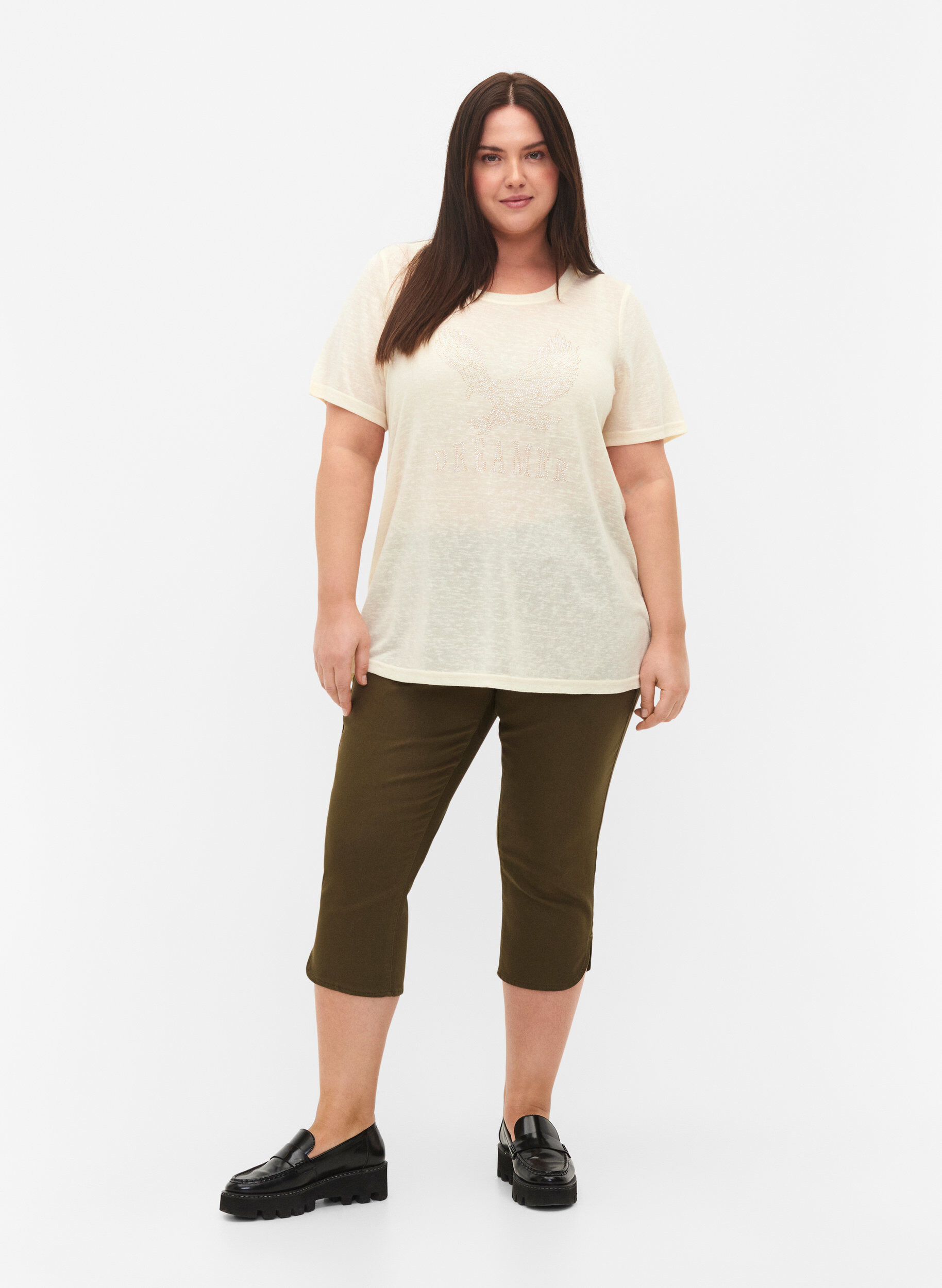 Zizzifashion T-shirt with studs and round neck, Buttercream, Model image number 3