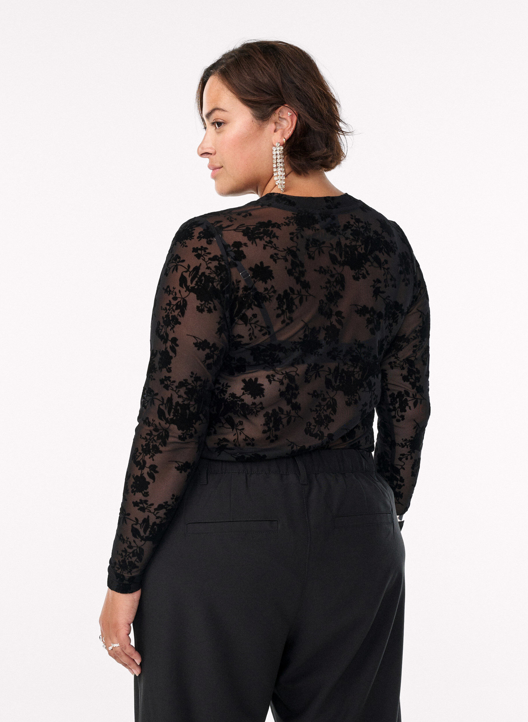 Zizzifashion Mesh blouse with floral pattern, Black, Model image number 2