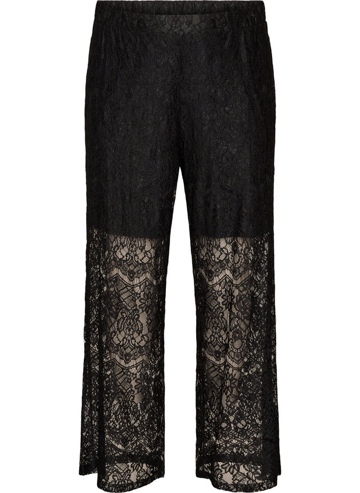 Lace trousers with straight legs and inner shorts, Black, Packshot image number 0