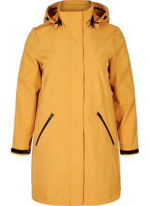 Long, hooded softshell jacket, Spruce Yellow, Packshot image number 0