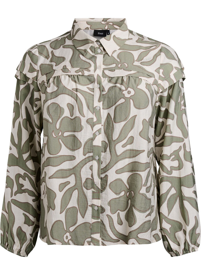 Printed shirt blouse with ruffle details, Green, Packshot image number 0