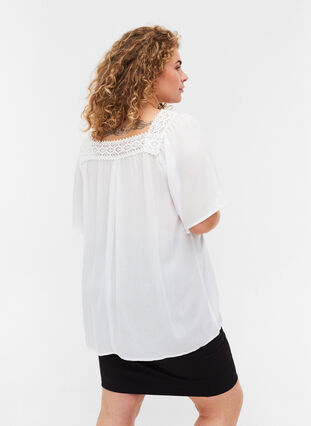 Short-sleeved viscose blouse with lace, Off White, Model image number 1
