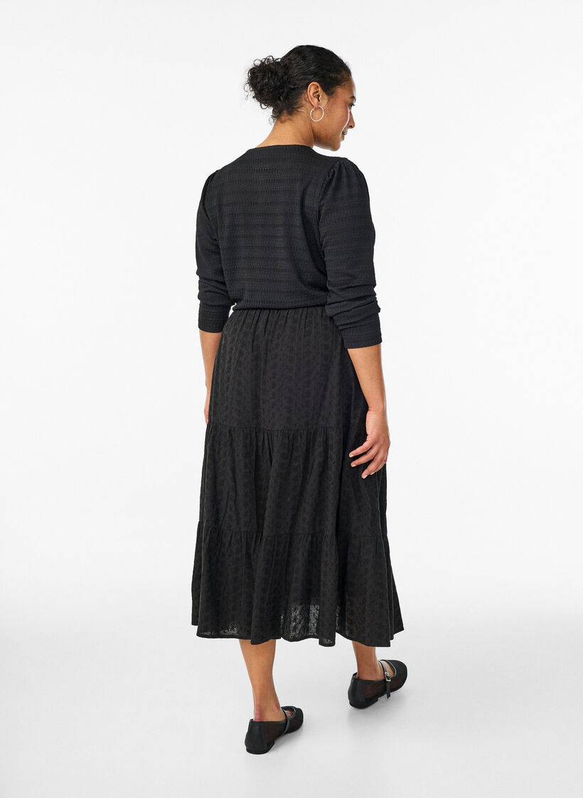 Ankle-length cotton skirt with a smocked waist, Black, Model image number 1