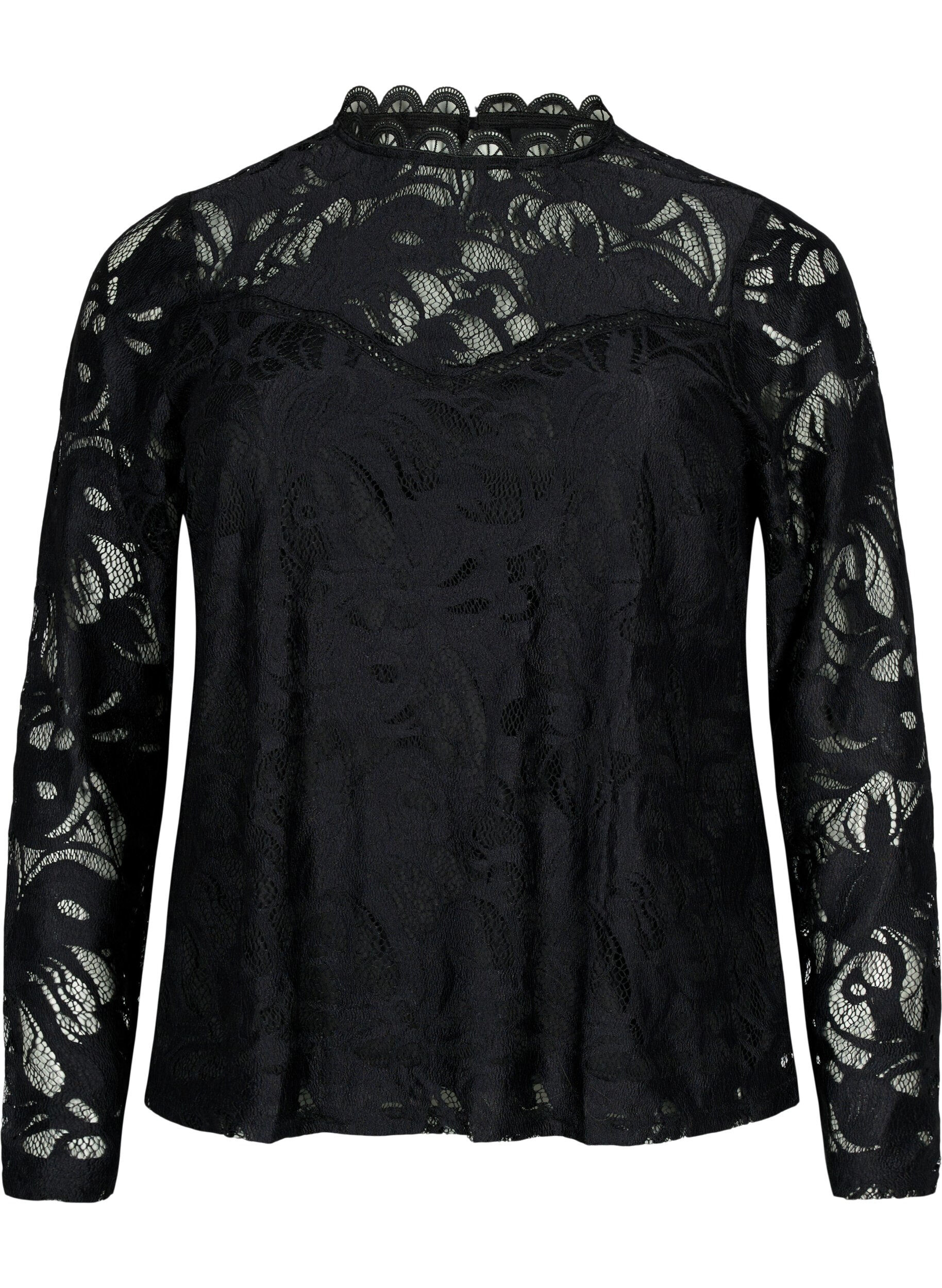 Zizzifashion Long-sleeved lace blouse, Black, Packshot image number 0