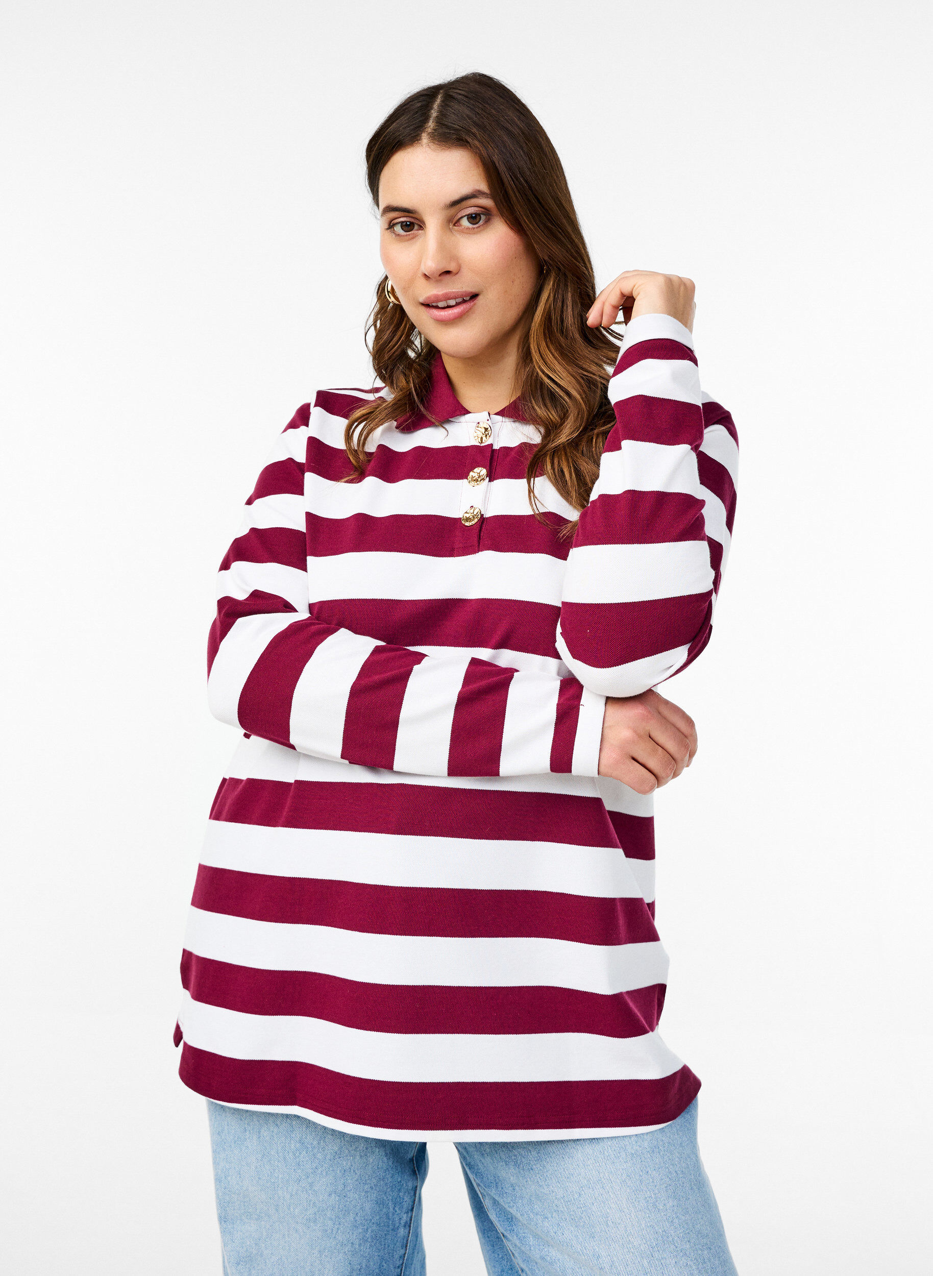 Striped polo shirt with long sleeves, White, Model