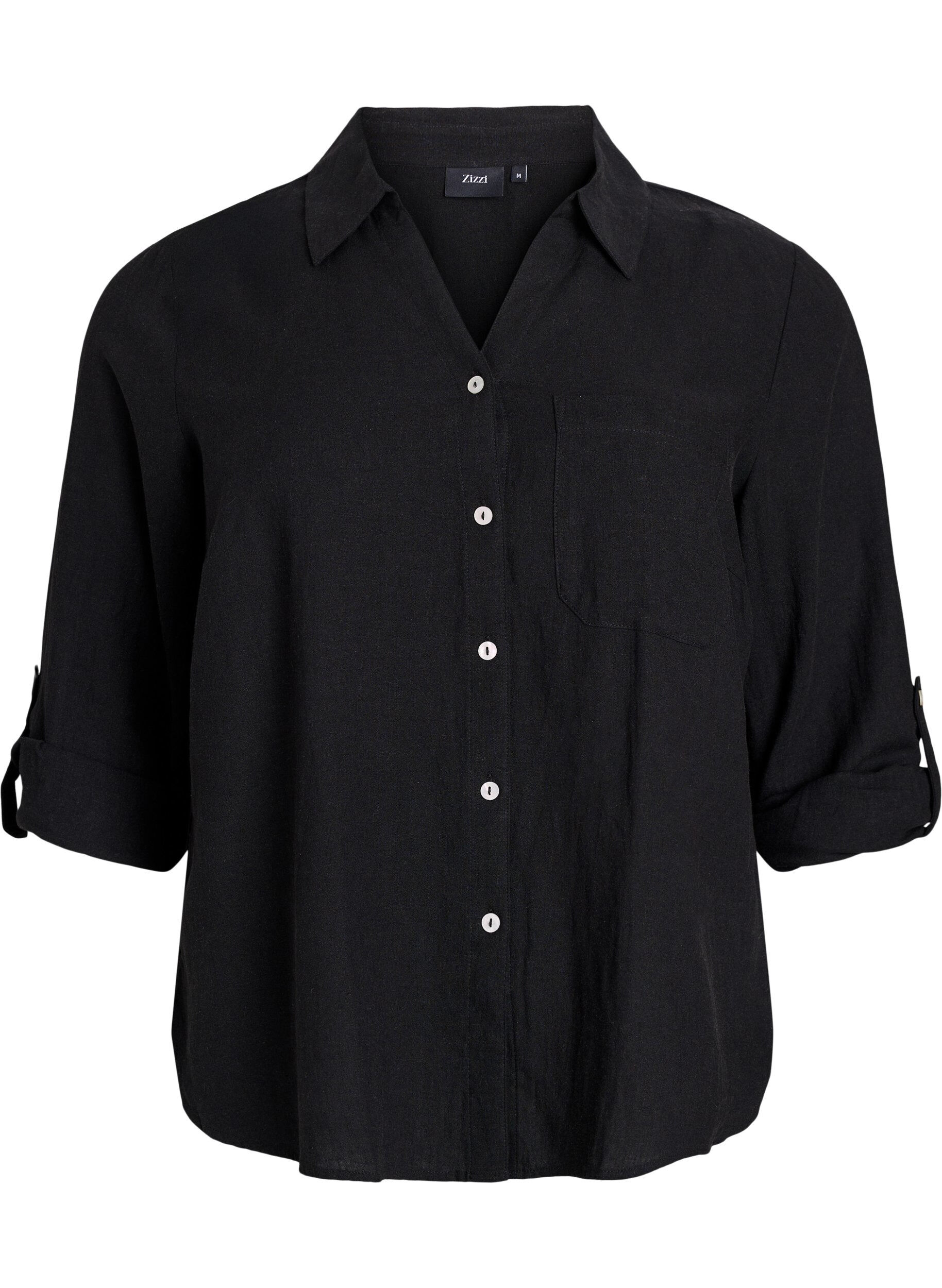 Zizzifashion Shirt in linen and viscose with 3/4 sleeves, Black, Packshot image number 0