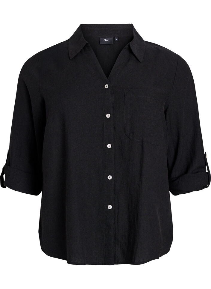 Shirt in linen and viscose with 3/4 sleeves, Black, Packshot image number 0