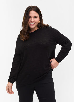 Knitted blouse with textured pattern and round neck, Black, Model image number 0
