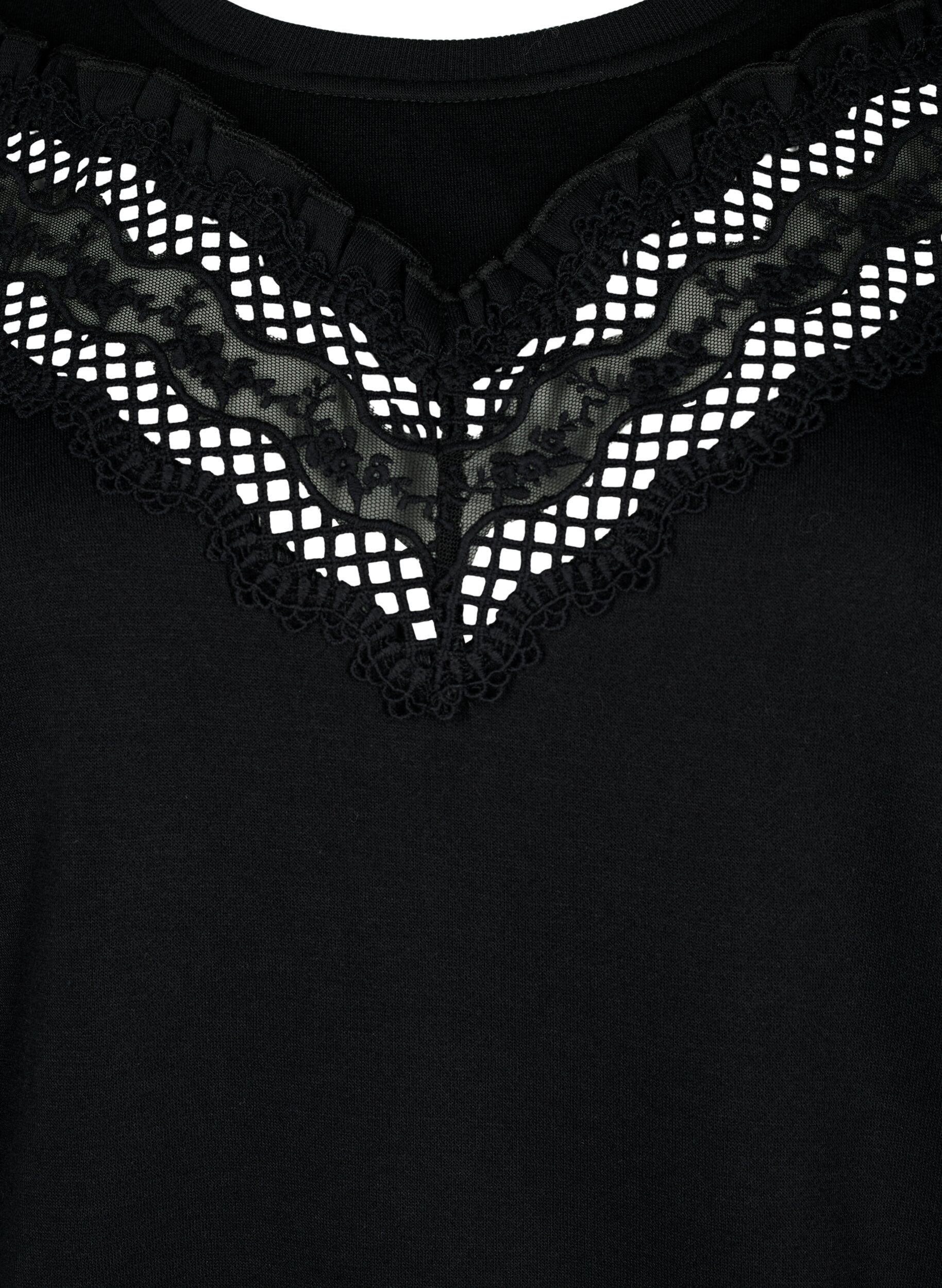 Zizzifashion Sweatshirt with ruffle and crochet detail, Black, Packshot image number 2