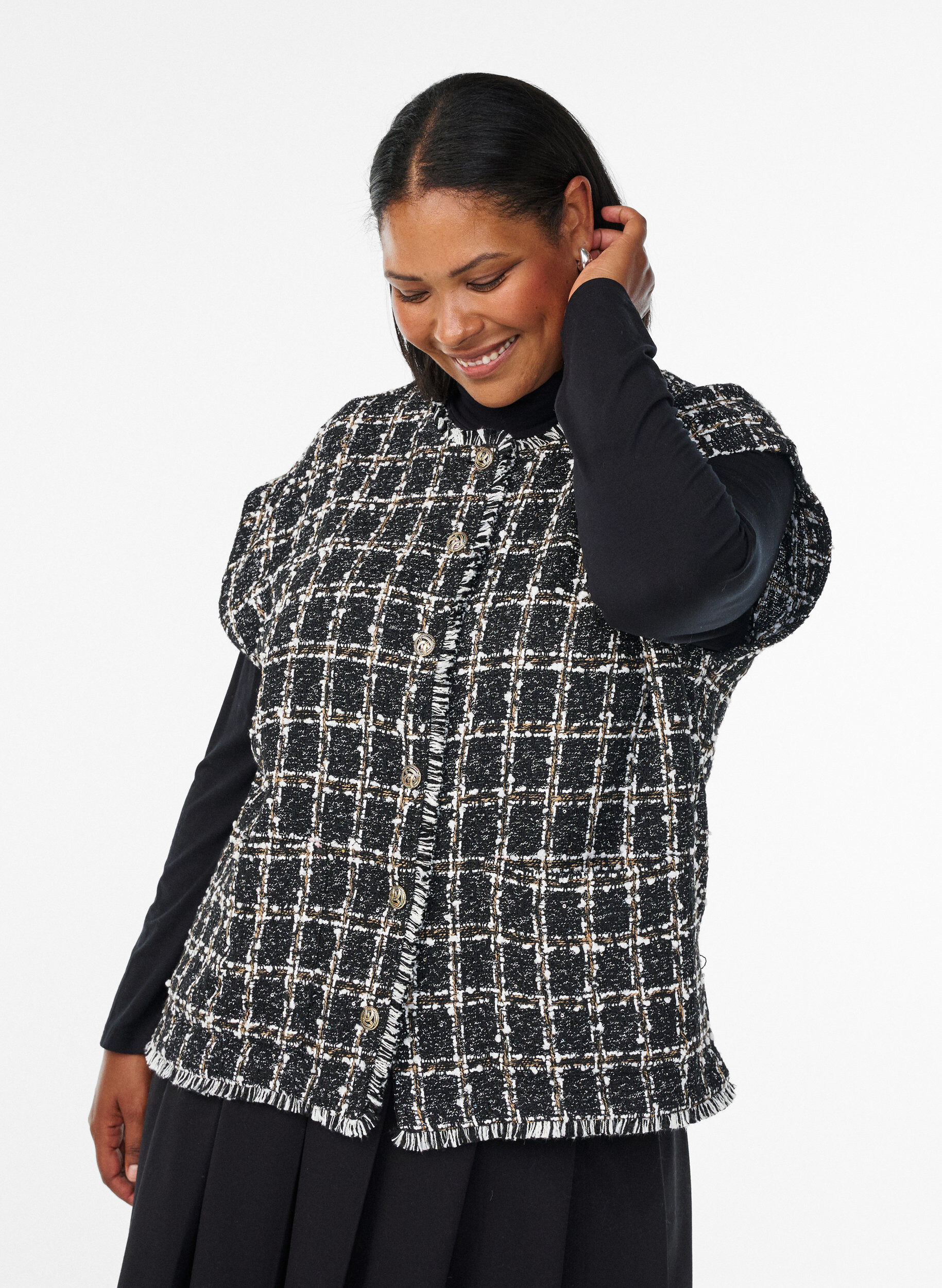 Checked waistcoat with decorative buttons, Black, Model
