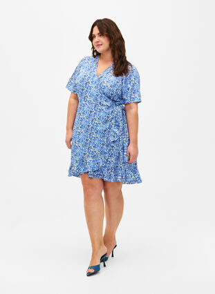 FLASH - Wrap dress with short sleeves, White Blue AOP, Model image number 2