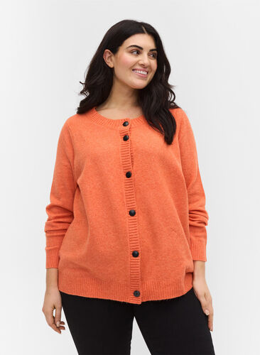 Short knitted cardigan with contrast-colour buttons, Mandarin Orange Mel, Model image number 0