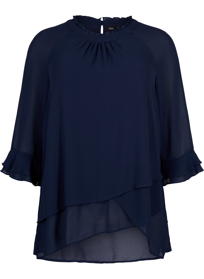Blouse with asymmetric hem and 3/4 sleeves, Navy Blazer, Packshot image number 0