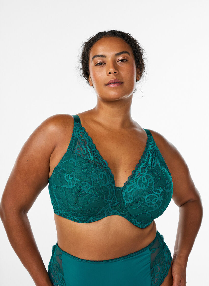 Padded underwired lace bra, Green, Model