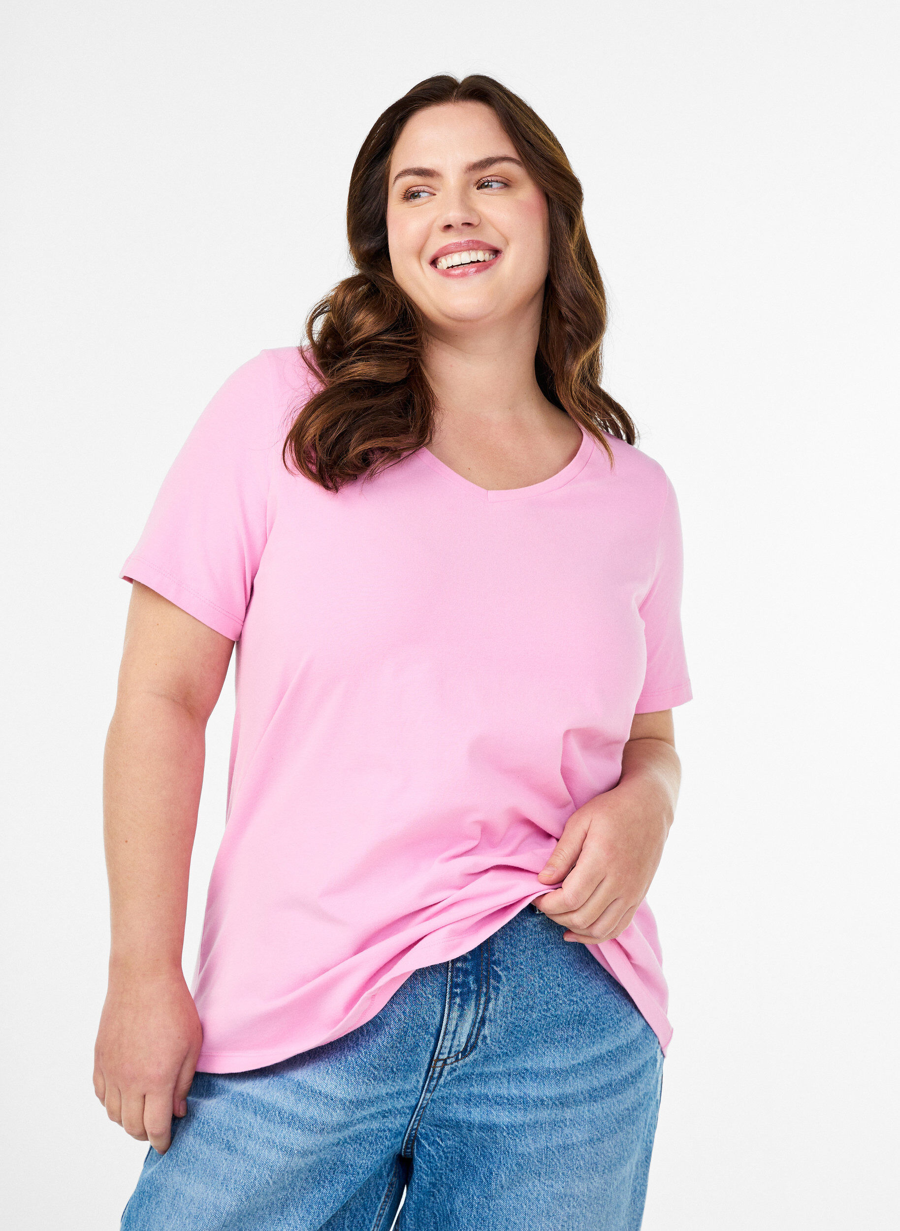 ZizzifashionSolid-coloured basic cotton T-shirt, Pink, Model image number 0