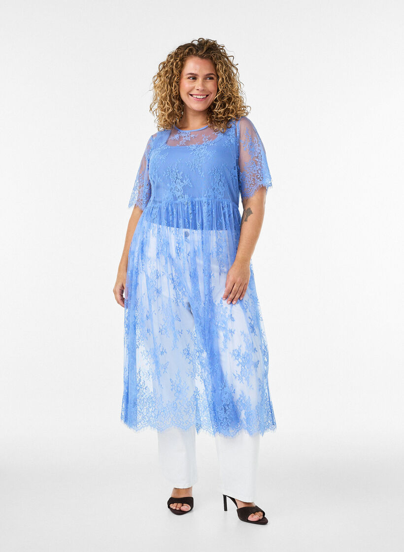 Sheer lace midi dress with short sleeves, Purple, Image