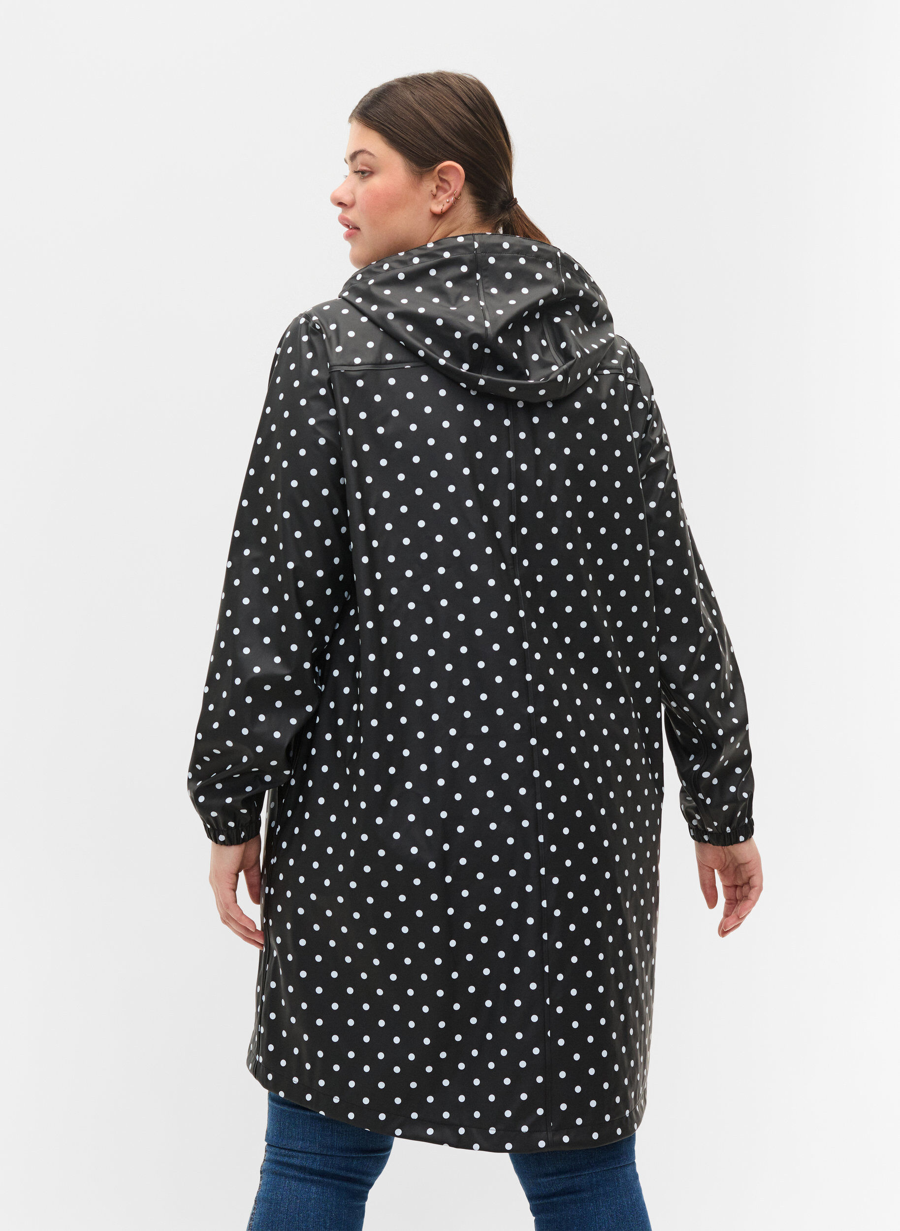 Zizzifashion Hooded polka dot rain jacket, Black W/White Dot, Model image number 1