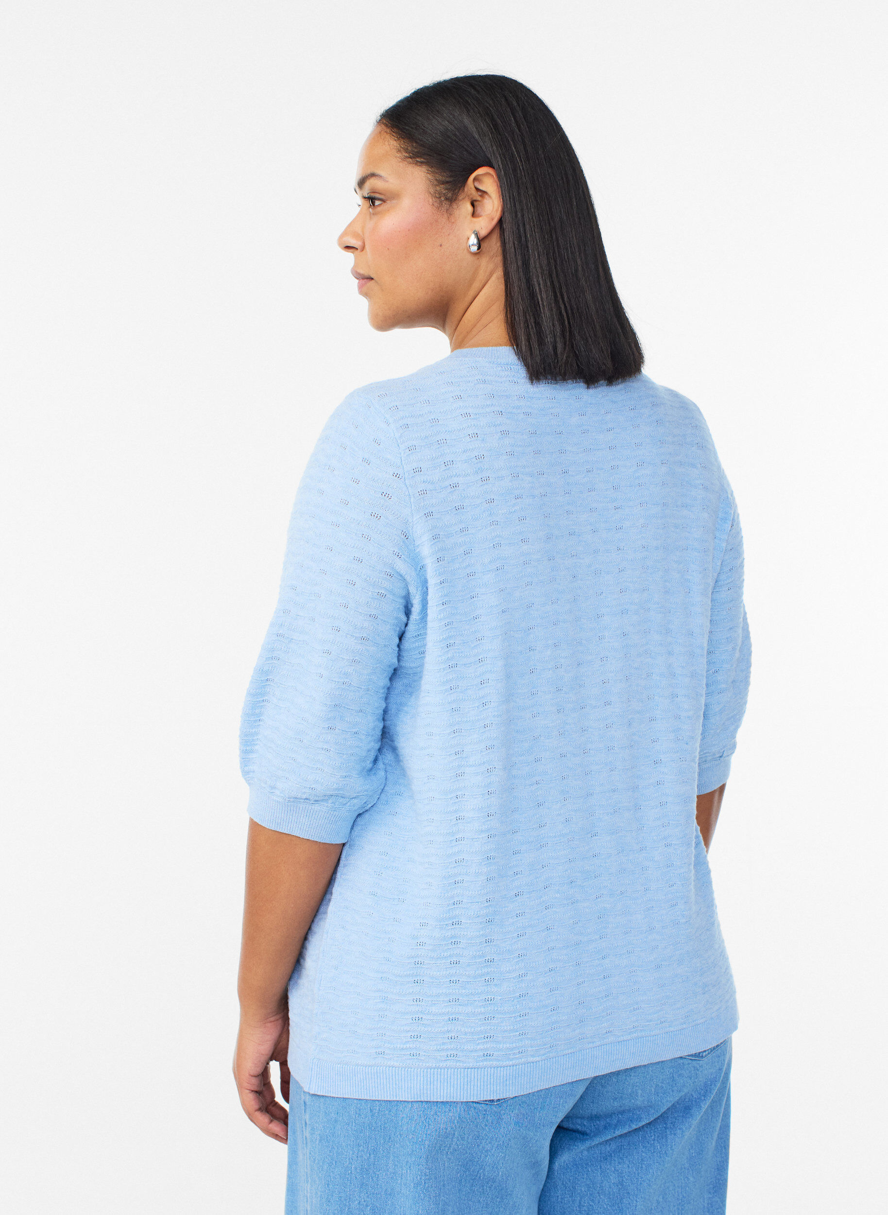 Zizzifashion Knitted blouse with textured pattern and short sleeves, Light Blue, Model image number 2
