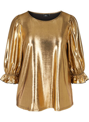 Shiny blouse with 3/4 length puff sleeves, Gold, Packshot image number 0