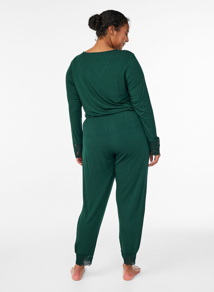 Pyjama bottoms with lace trim and high waist, Green, Model image number 1